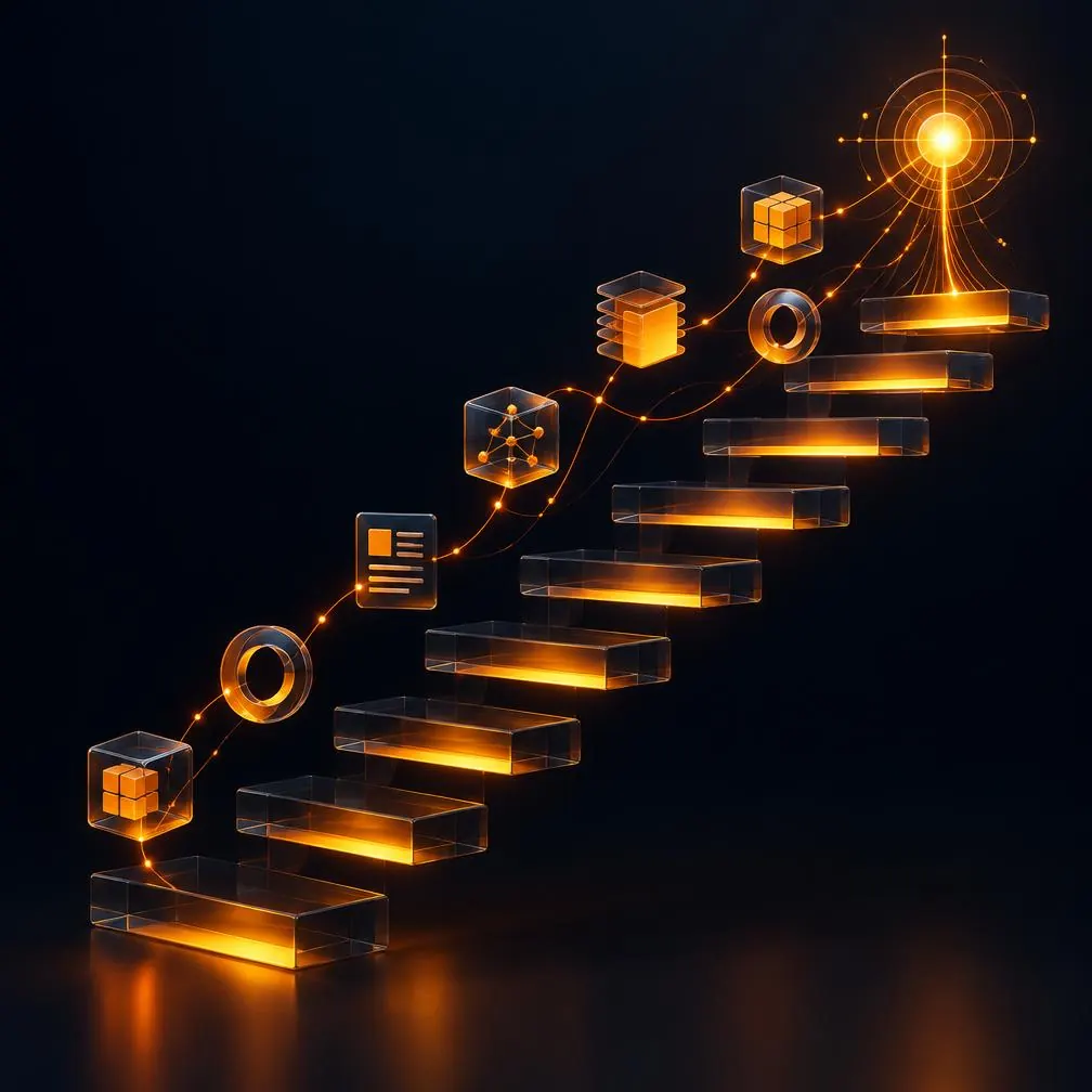 Escalera de cristal iluminada con módulos de conocimiento conectados