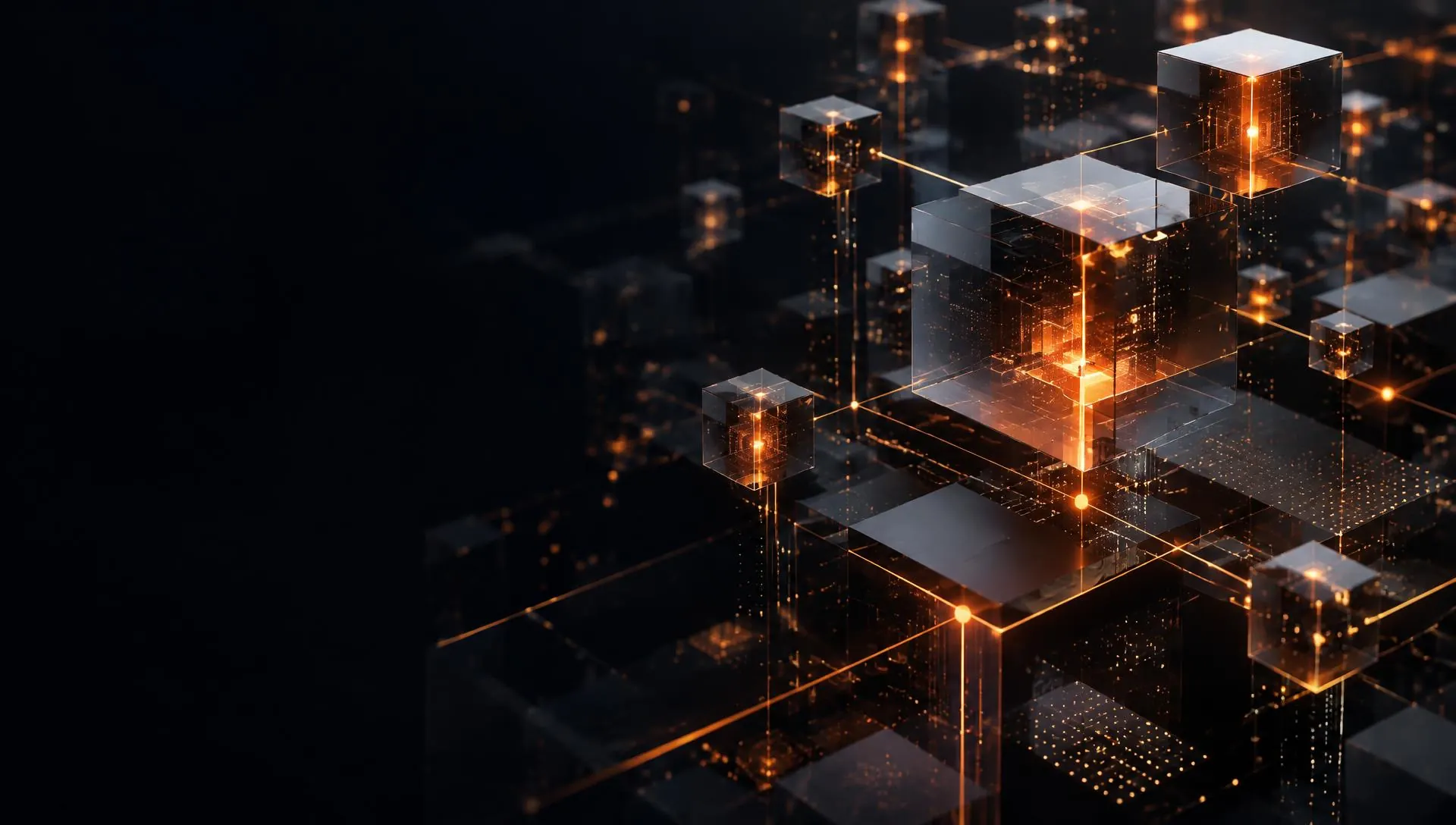 Infraestructura digital abstracta: cubos, nodos y conexiones luminosas en naranja y ámbar sobre azul profundo