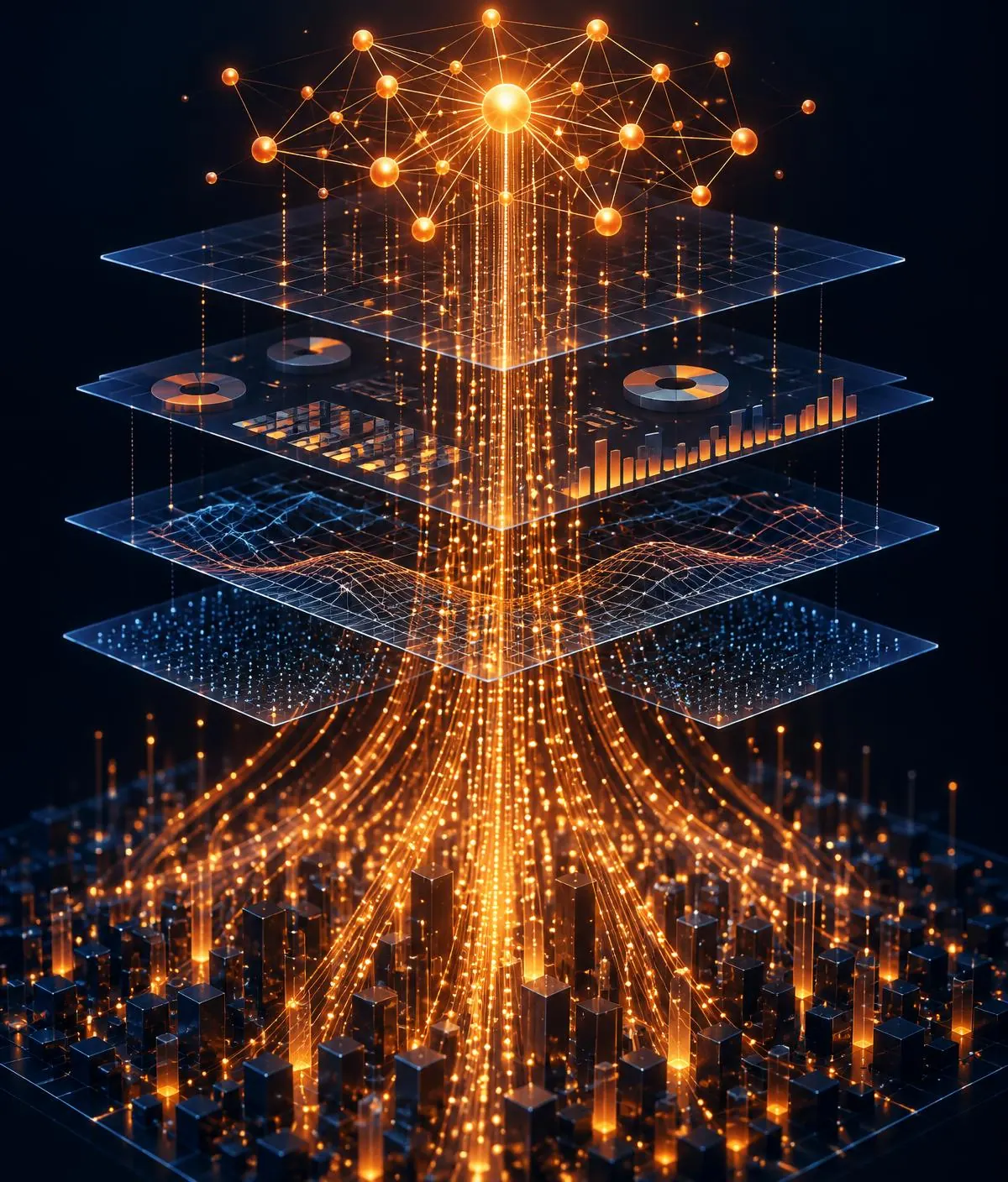 Partículas luminosas ascendiendo por capas de paneles de datos hasta una red de nodos