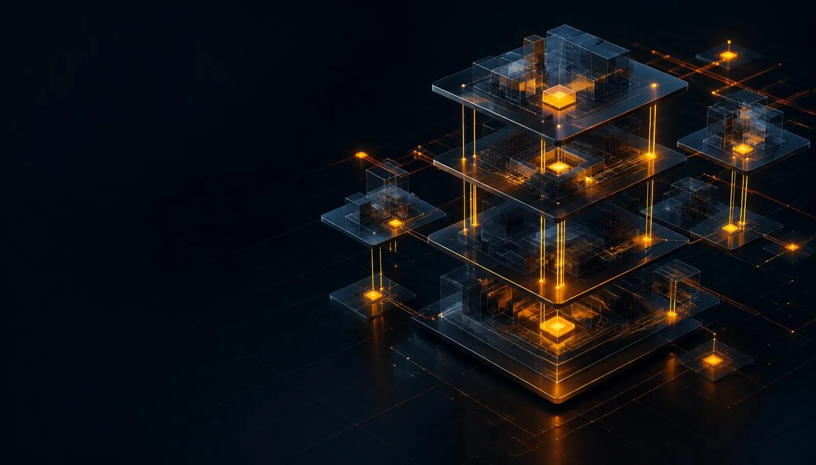Arquitectura de plataformas conectadas con luz naranja