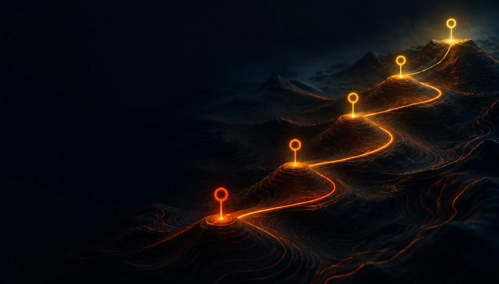 Ruta luminosa que atraviesa un paisaje topográfico con cinco hitos ascendentes