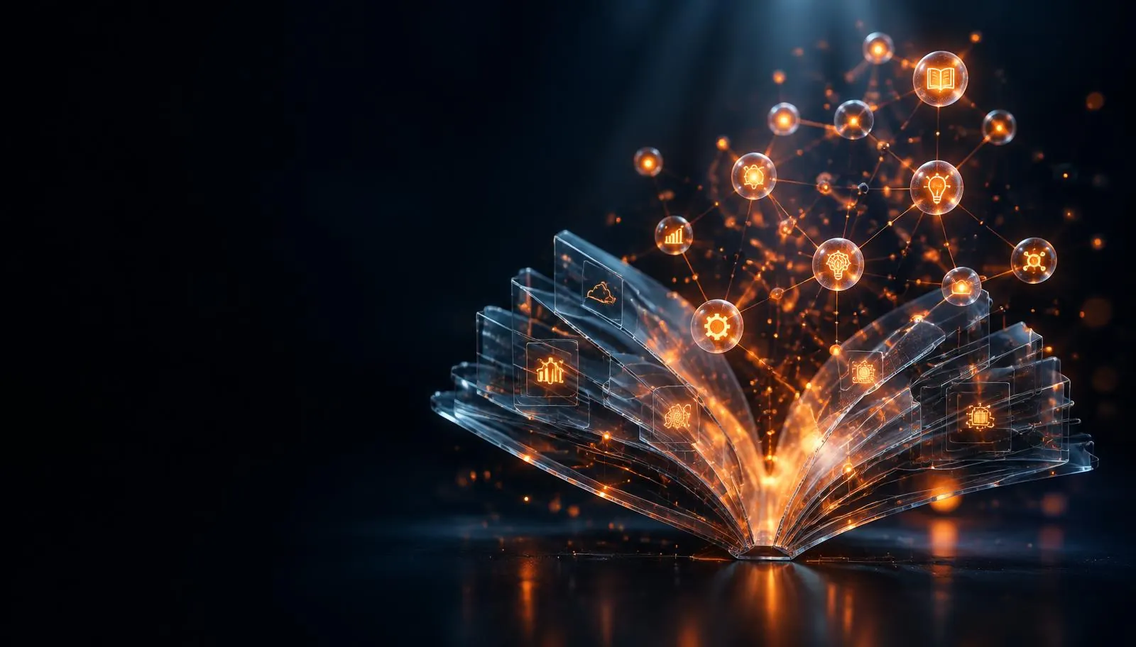Libro de cristal abierto del que surgen módulos de conocimiento conectados