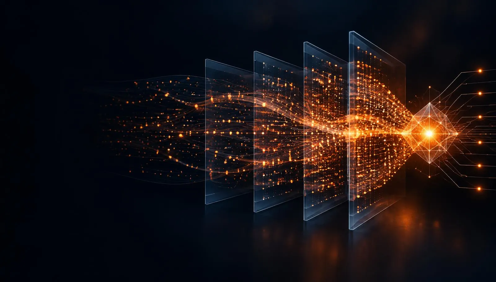 Planos de datos translúcidos atravesados por partículas naranjas que convergen en un nodo de decisión