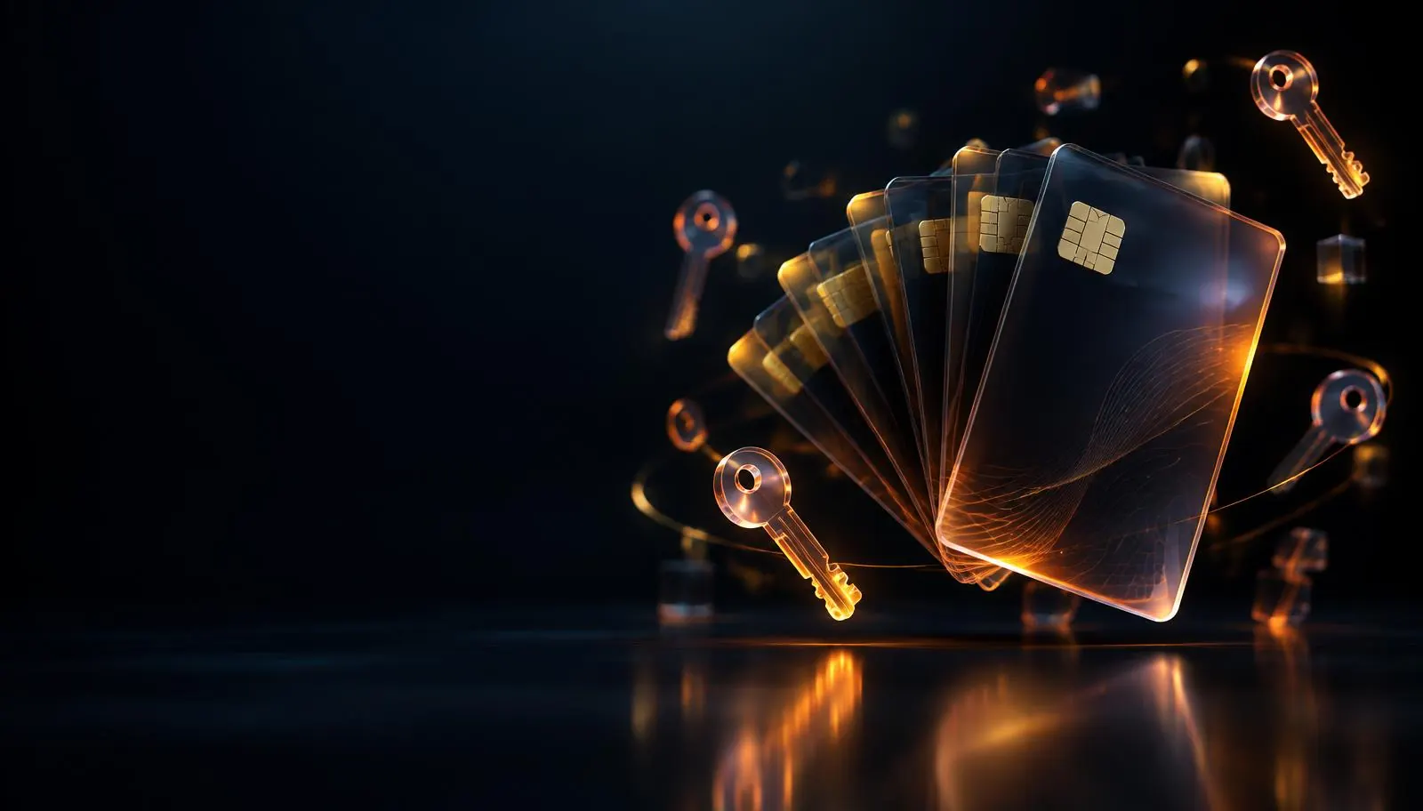 Abanico de tarjetas de cristal con llaves luminosas flotando alrededor