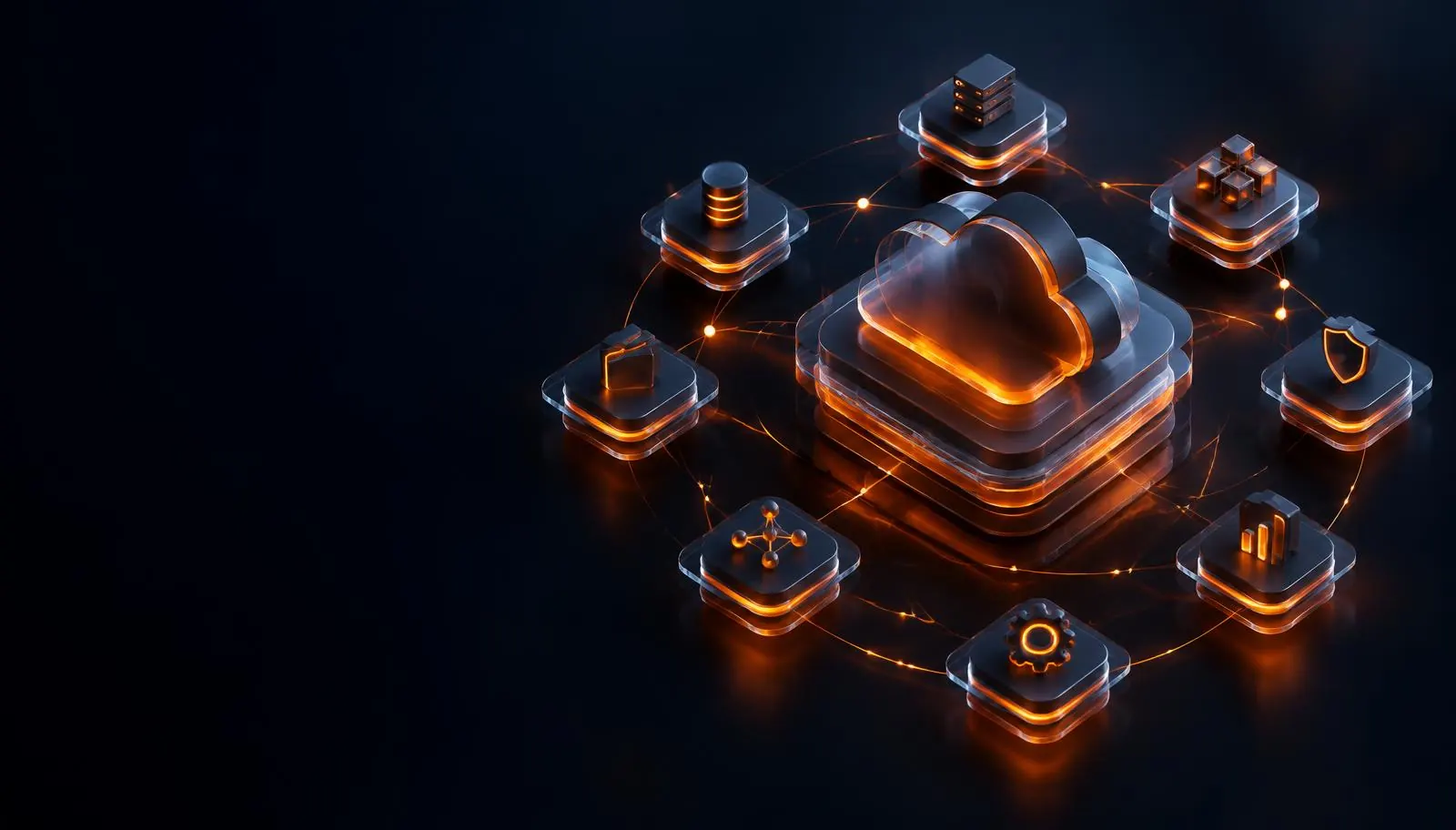 Plataforma cloud de capas de cristal rodeada de módulos conectados con líneas naranjas