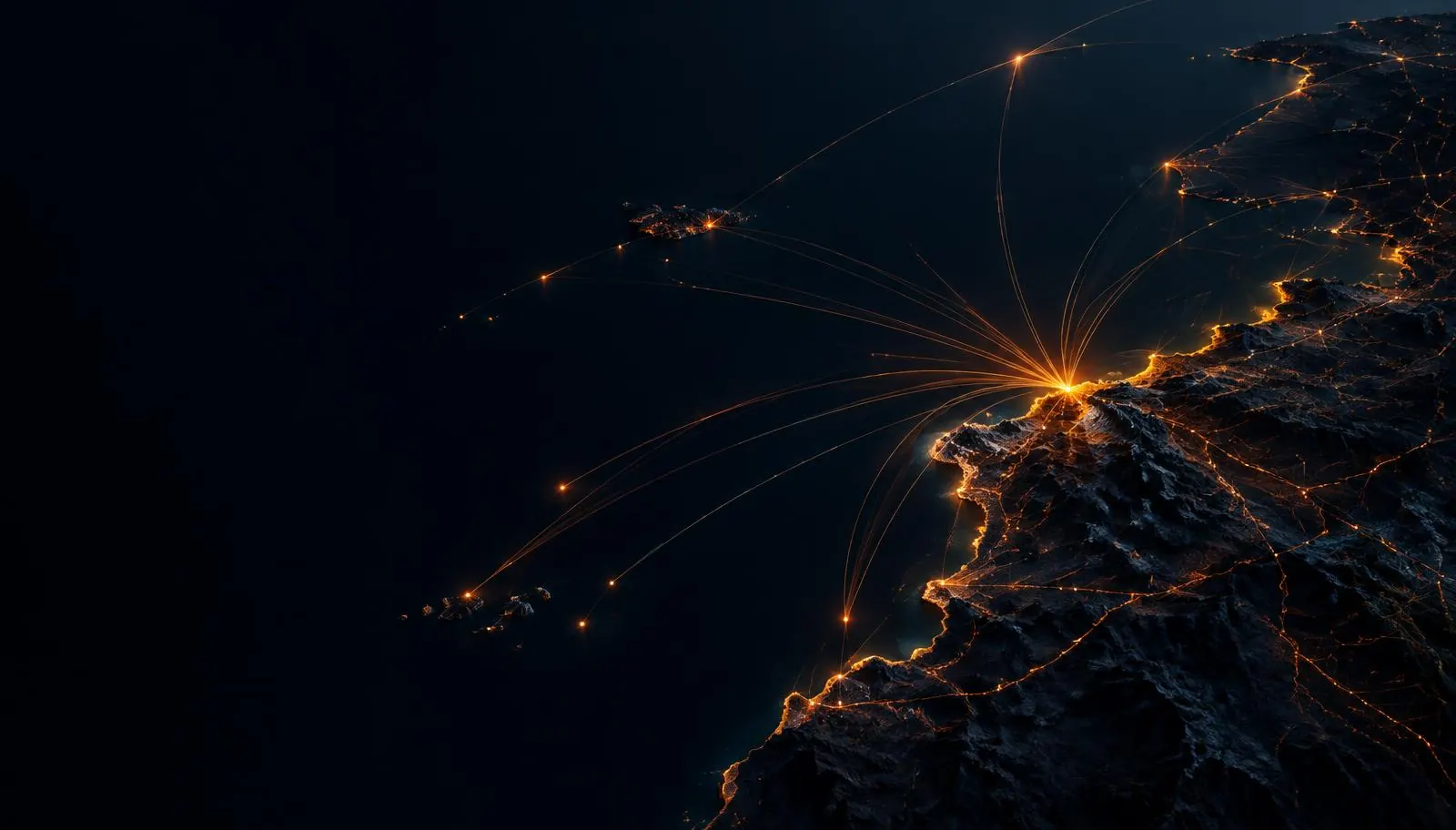 Costa estilizada del norte de España con una red de líneas luminosas que parte de un punto hacia otros territorios