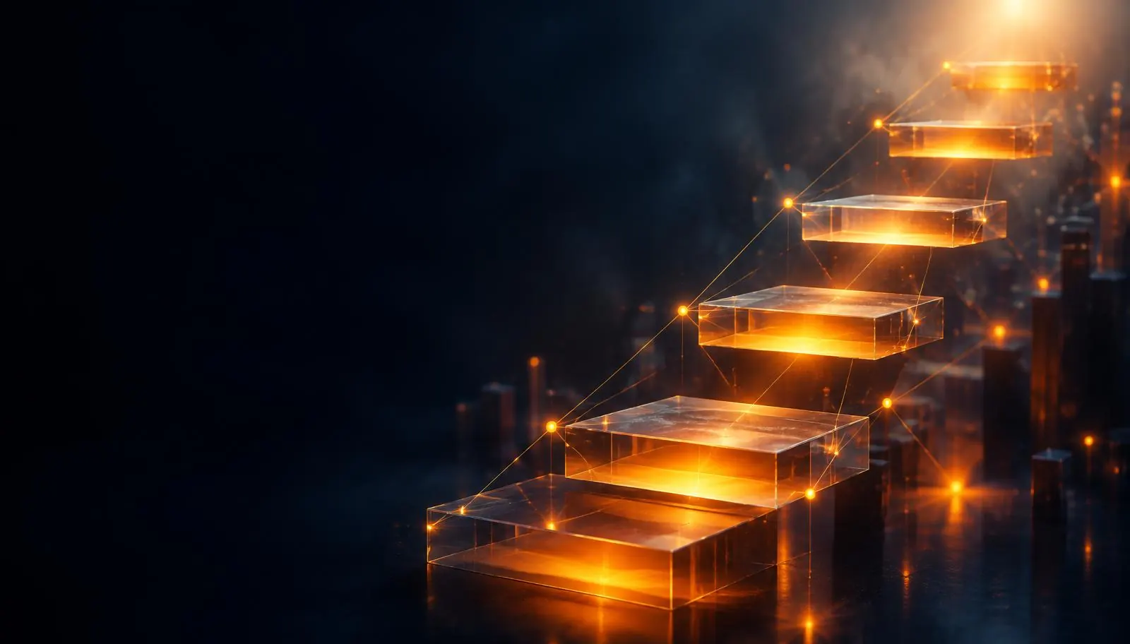 Plataformas de cristal ascendentes iluminadas en naranja y ámbar