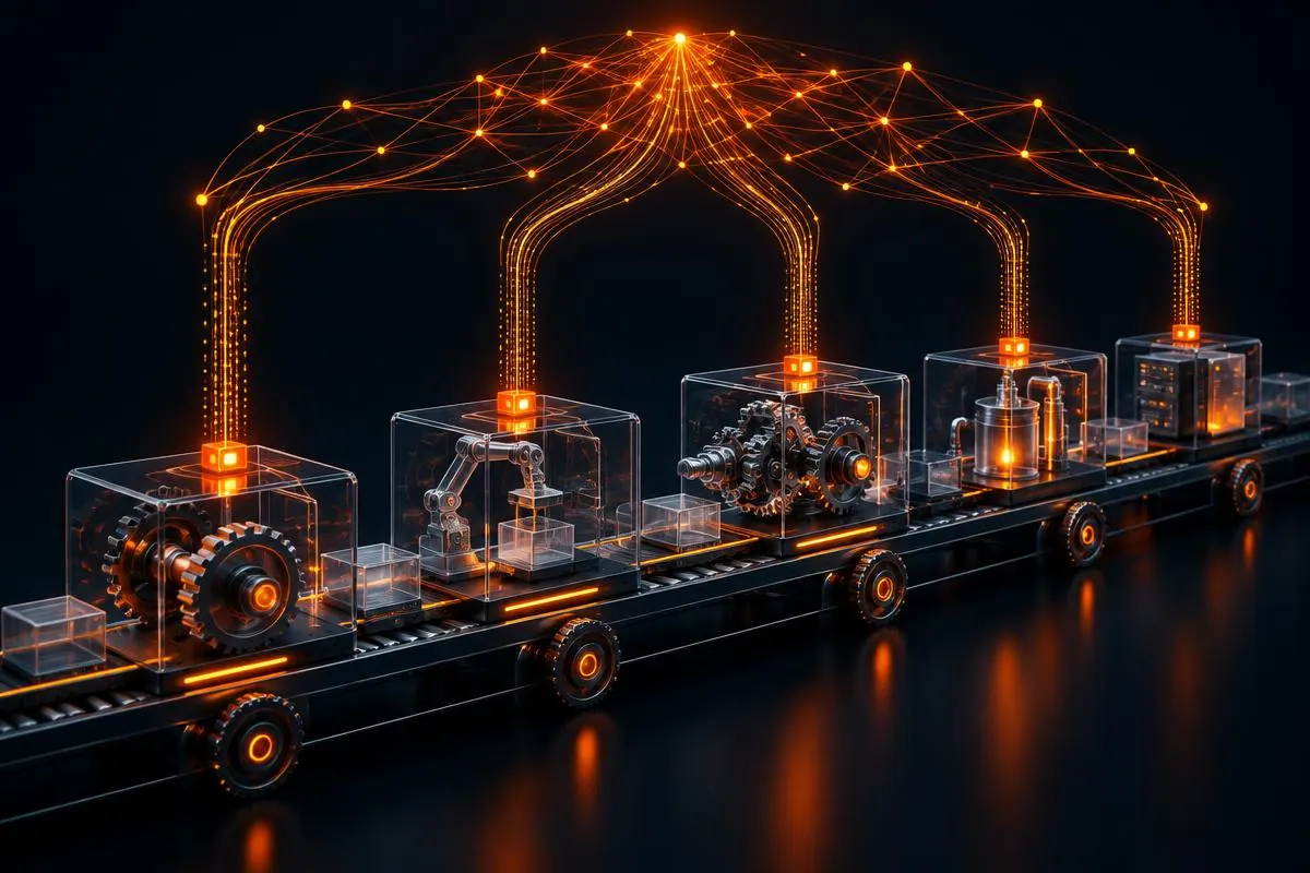 Cadena de módulos industriales de cristal con flujos de datos luminosos