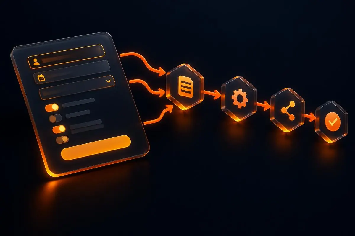 Formulario digital del que parten flechas hacia una cadena de nodos de proceso